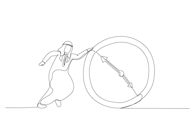 Иллюстрация арабского бизнесмена, бегущего за бегущими часами. Один художественный стиль непрерывной линии