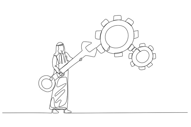 Vector illustration of arab man holding wrench to adjust gear cogwheels setting concept of adjustment single continuous line art style