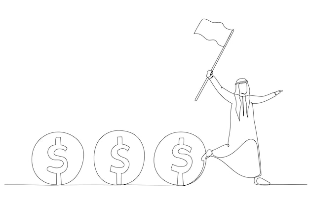 Illustration of arab man leader holding flag control flow of money concept of cash flow Single line art style