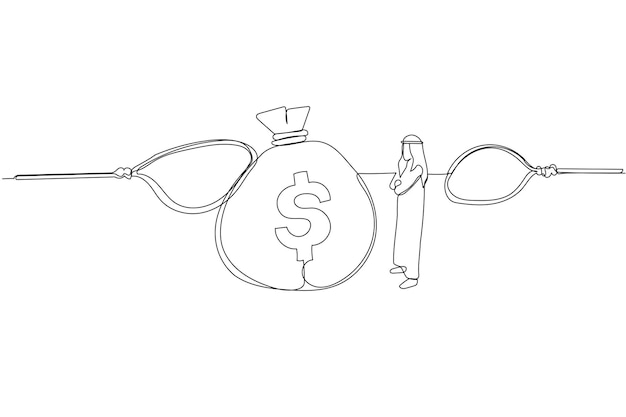 Illustration of arab man looking into big money bag standing among trap One continuous line art style