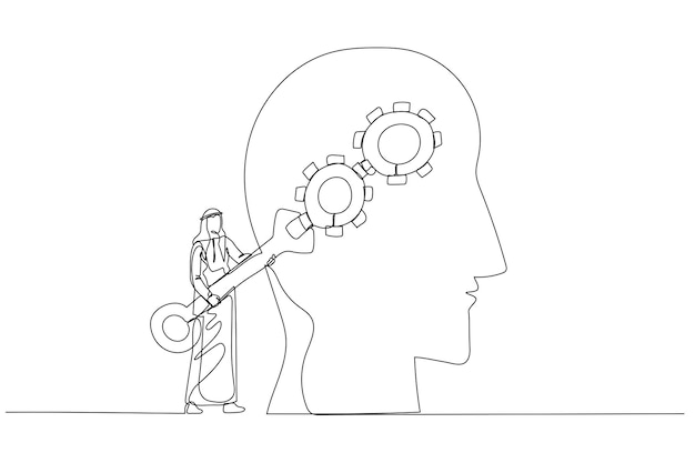 Illustration of arab man with using wrench fixing gear cogwheels metaphor for change mindset attitude Single continuous line art style