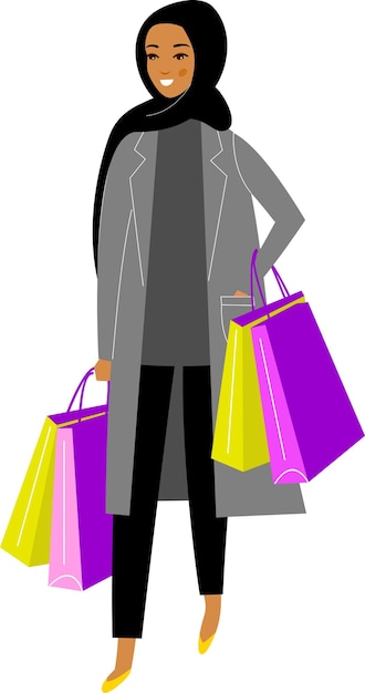 Illustration Arab Woman in Hijab with Shopping Bags