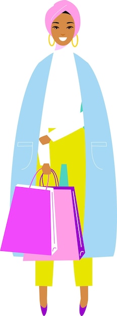 Illustration arab woman in hijab with shopping bags