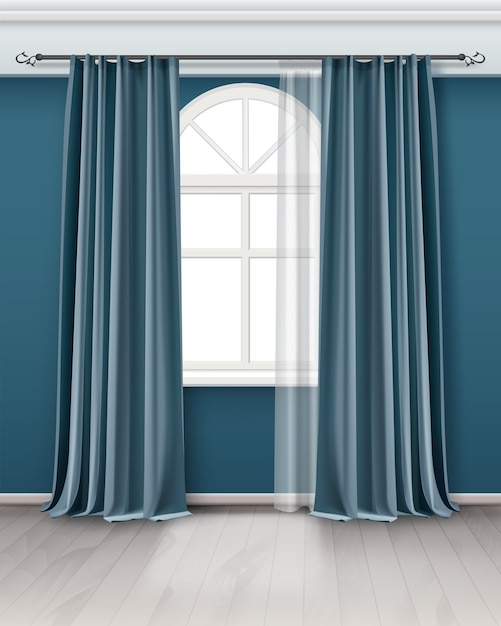 Vector illustration of arch window with long pair teal blue curtains hanging on rod in room