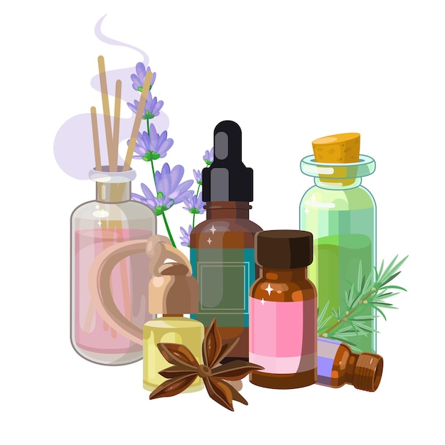 Illustrazione di accessori per aromi e spa i deodoranti per ambienti con oli aromatici vedono i sali, le candele aromatiche e il profumo in uno stile dettagliato illustrazione per studio di aromaterapia e saloni di massaggio