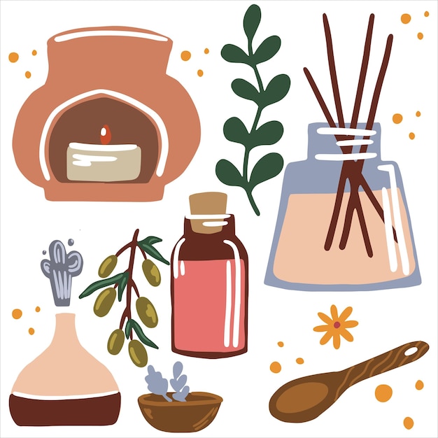 Vector illustration of aromatherapy and essential oils incense sticks candles and herbs