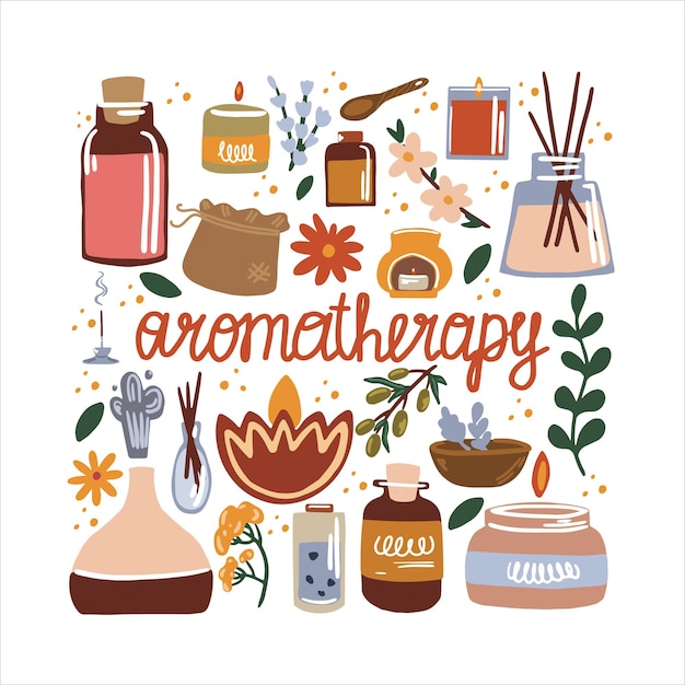 Vector illustration of aromatherapy and essential oils incense sticks spa candles and herbs