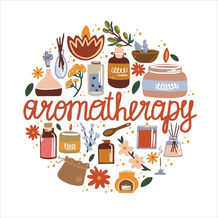 Vector illustration of aromatherapy and essential oils incense sticks spa candles and herbs