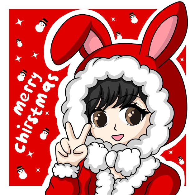 illustration art cute chibi girl using bunny jacket cristmas character design