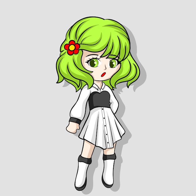 Иллюстрация арт милая чиби девушка с зелеными волосами дизайн персонажей