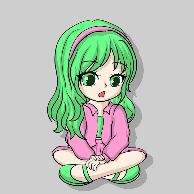 Illustration art cute girl chibi green hair  character design