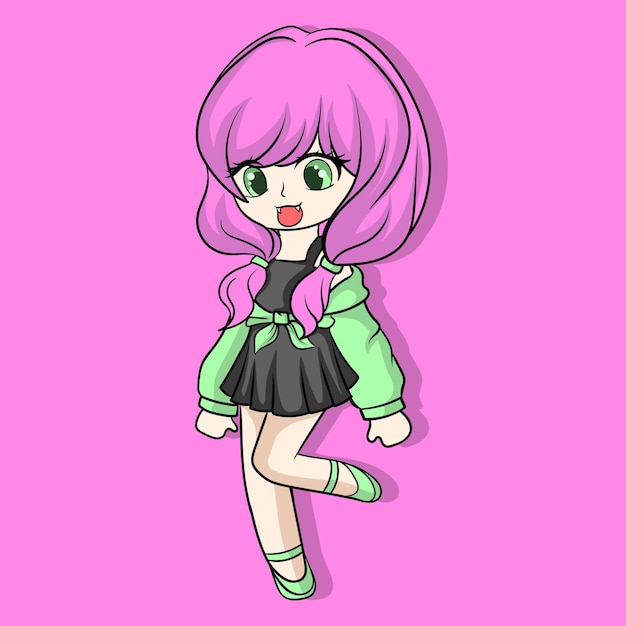 Illustration art cute purple girl chibi character design