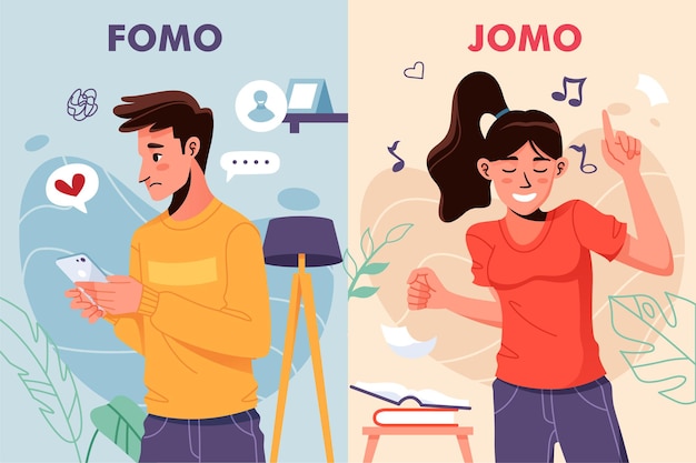 Illustrazione arte fomo vs jomo