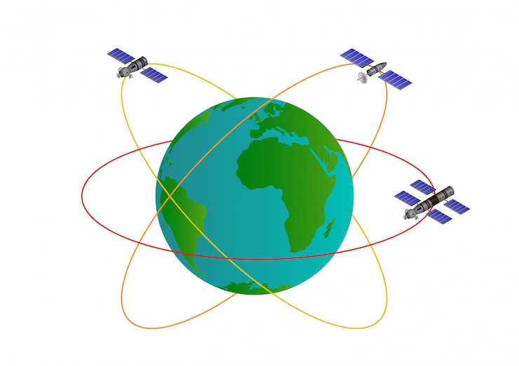 Vector illustration of artificial satellites orbit around earth