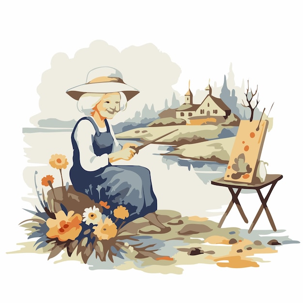 Illustration of an artist painting on the bank of the river