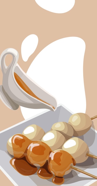 Illustration of Asian dango food in sauce Dango on a designer background