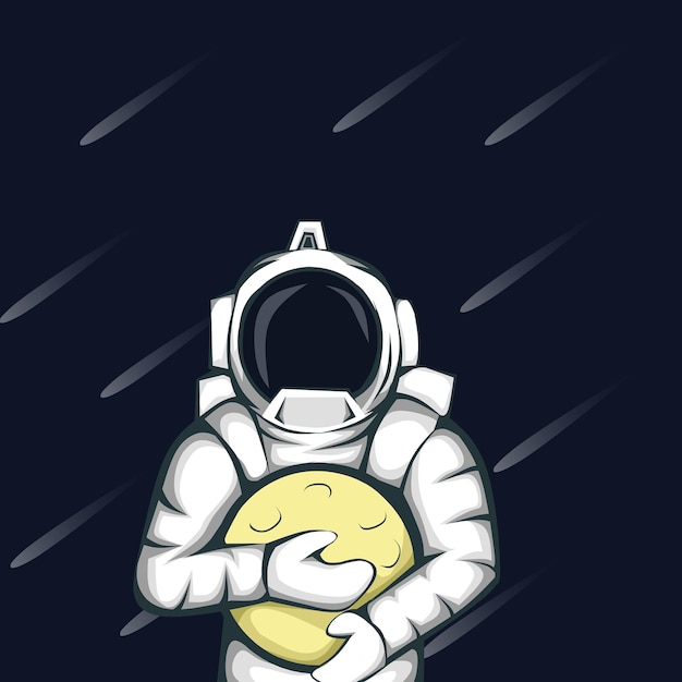 illustration of astronaut carrying the moon on dark blue background