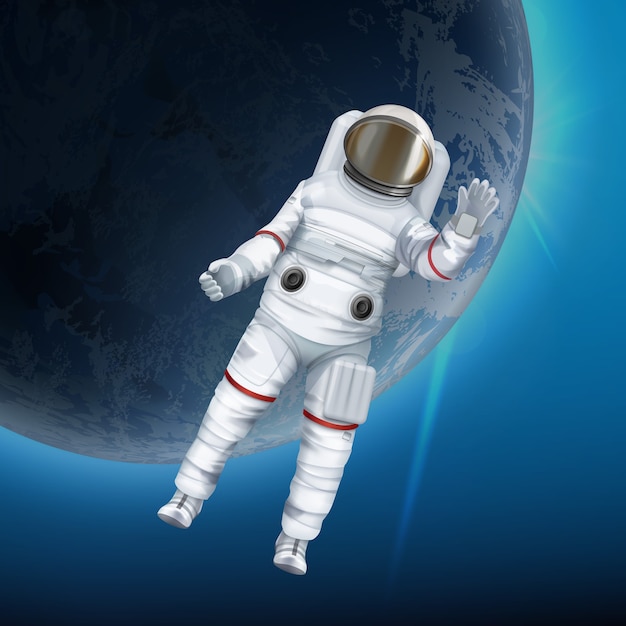 Illustration of astronaut floating in outer space with planet on background