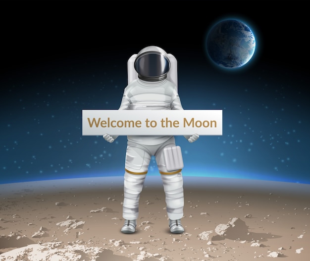 Illustration of astronaut stand on surface of moon and welcomes us