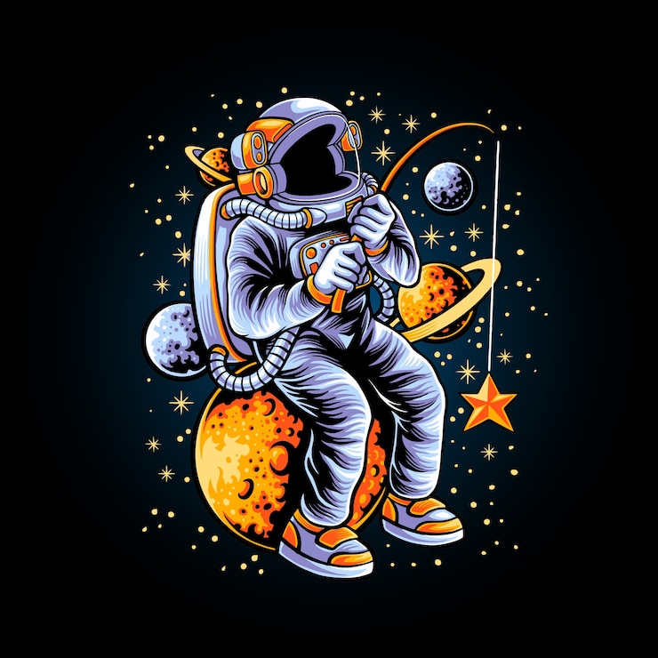 Vector illustration of astronauts fishing a stars