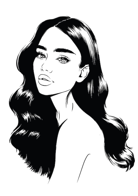 Illustration of attractive woman with long wavy hair