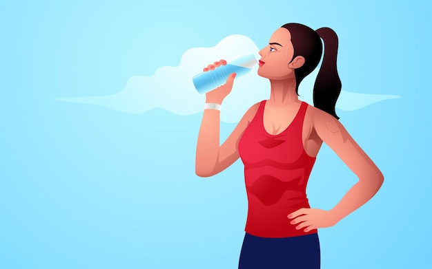 illustration of an attractive young woman drinking water after a workout