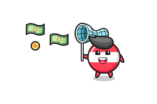 Illustration of the austria flag catching flying money , cute design