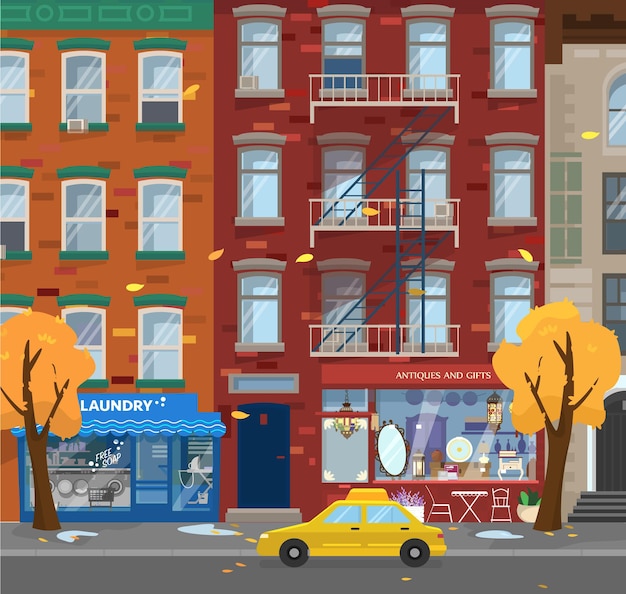 Vettore illustrazione del paesaggio urbano autunnale. tempo piovoso in città. lavanderia e negozi di antiquariato, taxi. alberi gialli.