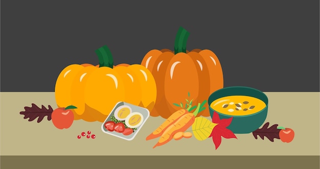 Illustration of autumn food on the table. Vegetables and pumpkin porridge with seeds for