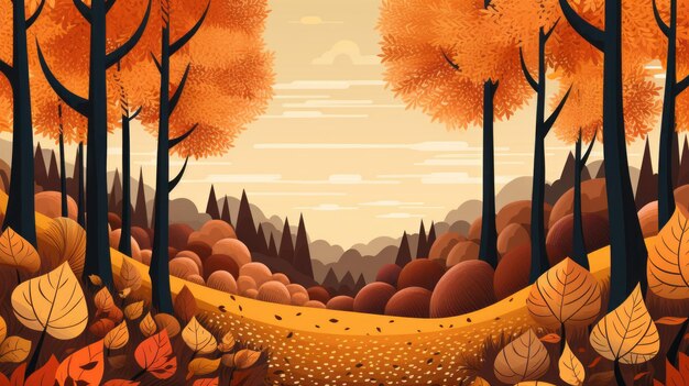 An illustration of an autumn forest with trees and leaves