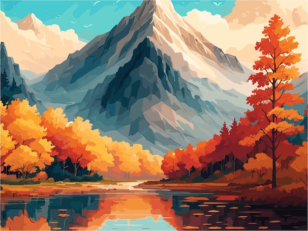 Illustration of autumn landscape of mountains and trees