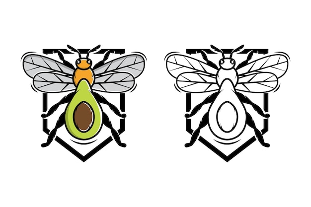 Illustrazione del modello di progettazione del logo dell'ape dell'avocado in stile moderno nei colori colorati e monocromatici