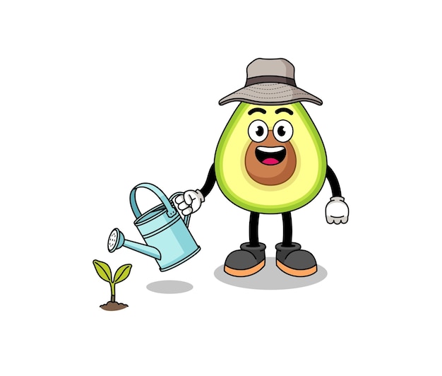 Illustration of avocado cartoon watering the plant character design