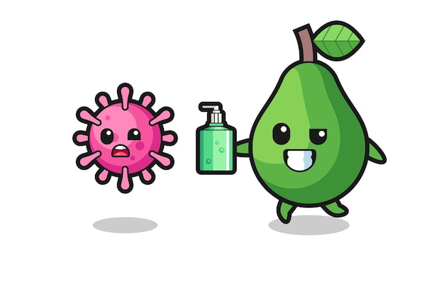 Illustrazione del personaggio di avocado che insegue il virus malvagio con disinfettante per le mani, design in stile carino per maglietta, adesivo, elemento logo