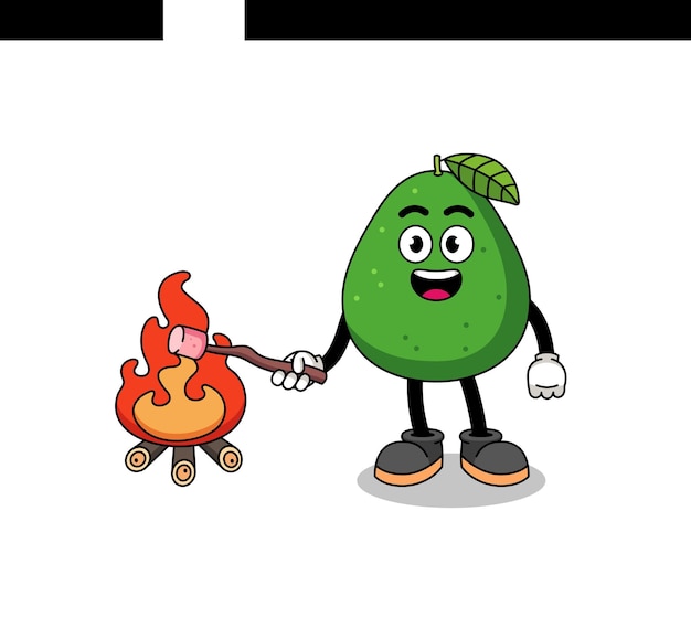 Illustration of avocado fruit burning a marshmallow character design