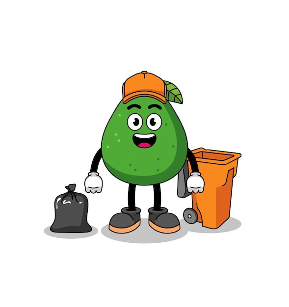 Illustration of avocado fruit cartoon as a garbage collector character design