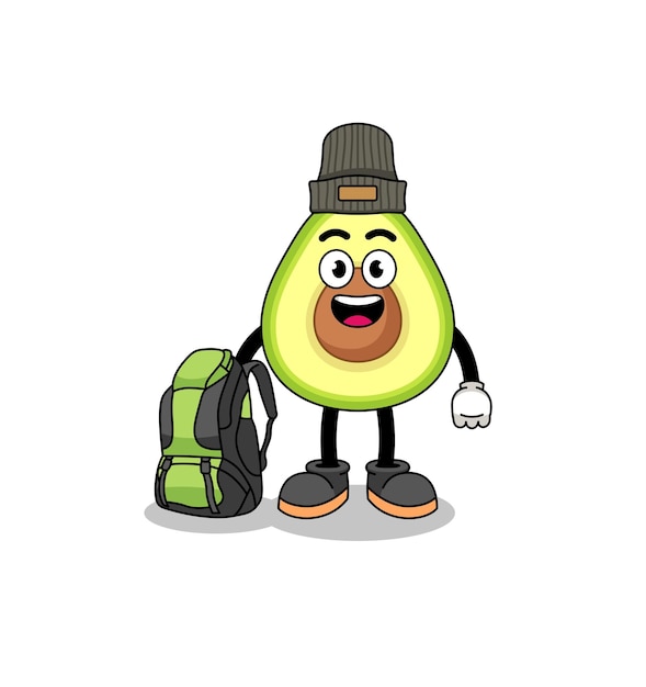 Illustrazione della mascotte dell'avocado come design del personaggio di un escursionista