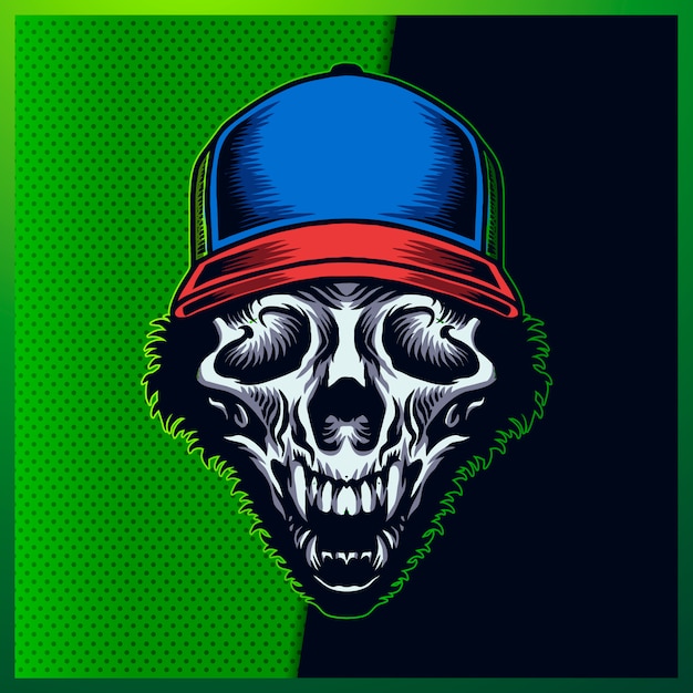 Illustration of awesome animal skull head with a smile, blue hat, horn, and fur on the green background. hand-drawn illustration for mascot sport logo