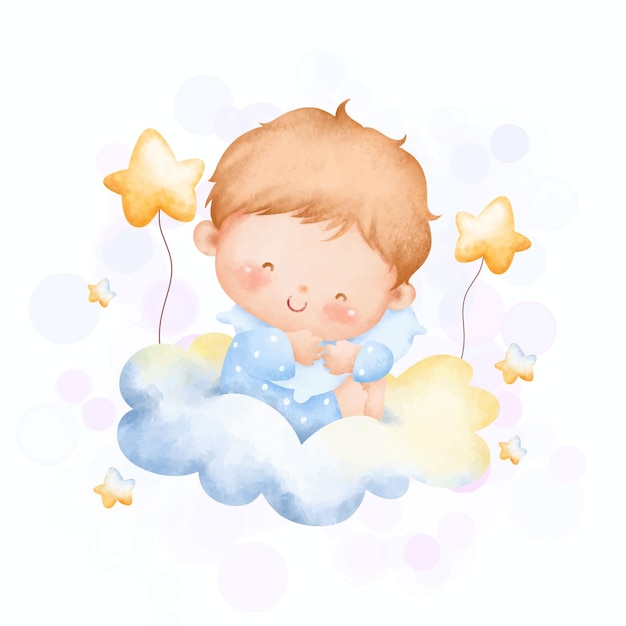 Illustration of a baby boy on a cloud with stars