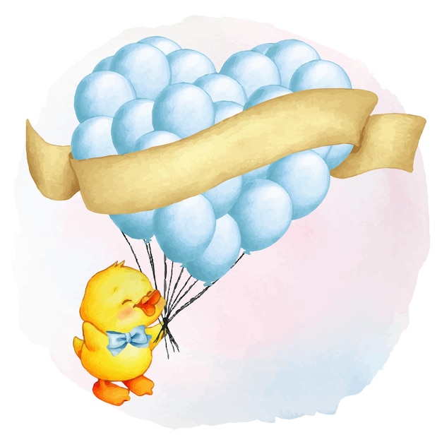 Illustration of baby duckling with blue balloons