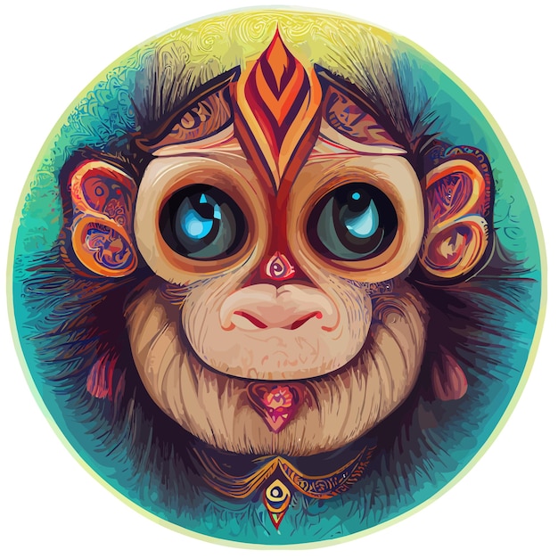 Illustration of baby monkey face in hand draw mandala style in circle