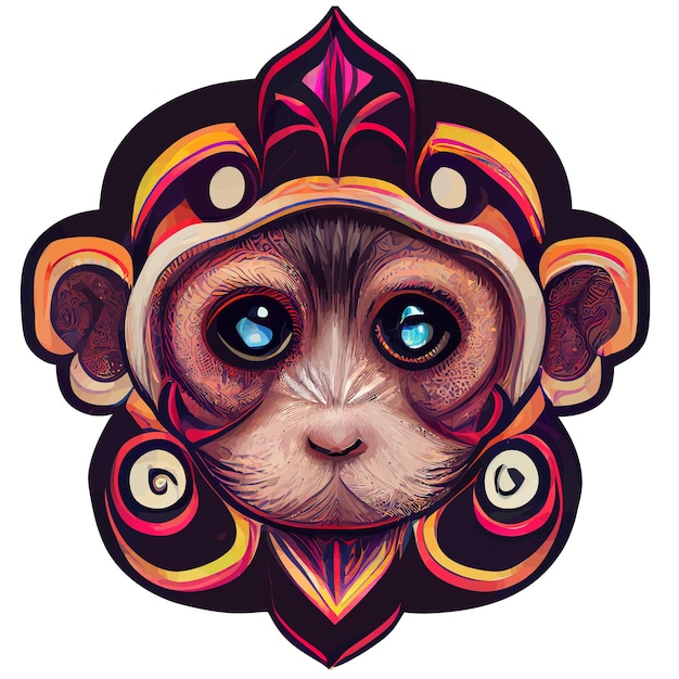 赤ちゃんの猿の顔を手で描いたイラスト マンダラのスタイルを円に描く