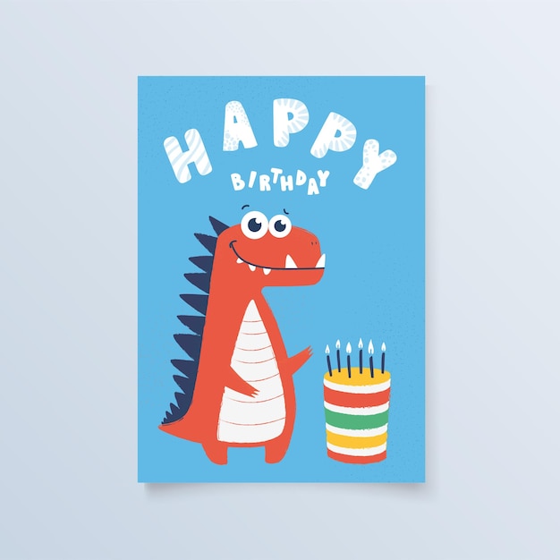 Illustrazione bambino cartolina dinosauro carino con torta per poster di stampa