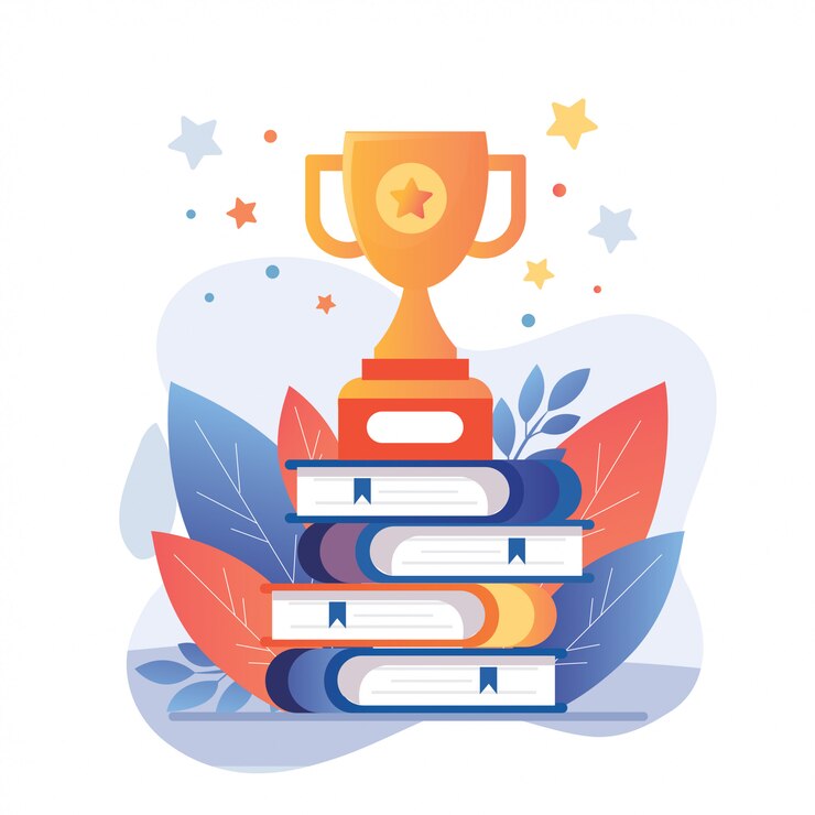 illustration back to school education Pile of books and golden trophy for future success winner.