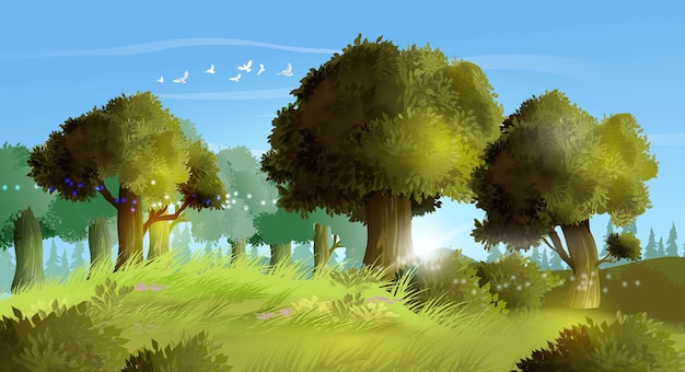 Illustrazione sfondo della foresta estiva realistica. paesaggio collinare con bellissimi alberi, erba e piccoli flovers. scenario estivo con erba verde e cielo blu.