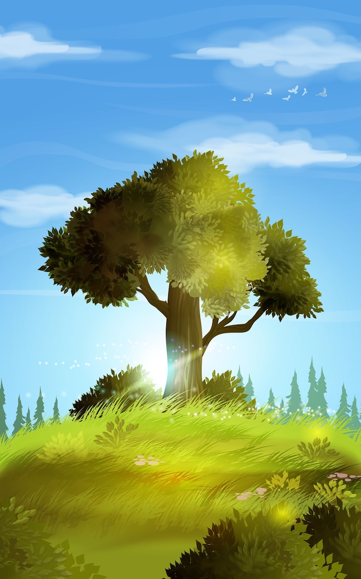 Vector  illustration background of the realistic summer landscape. hill landscape with one beautiful tree on the hill, grass and little flovers. summer scenery with green grass and blue sky.