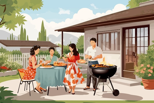 illustration backyard asian family barbecue