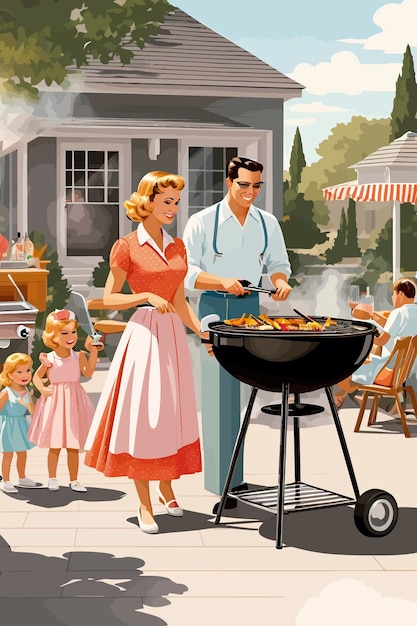 illustration backyard house barbecue family