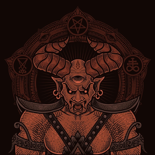 Illustration badass demon with circle mandala