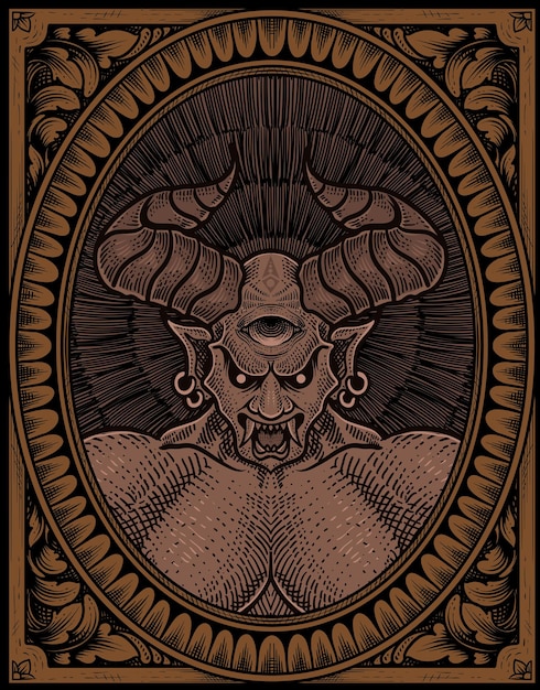 Illustration badass demon with Engraving ornament